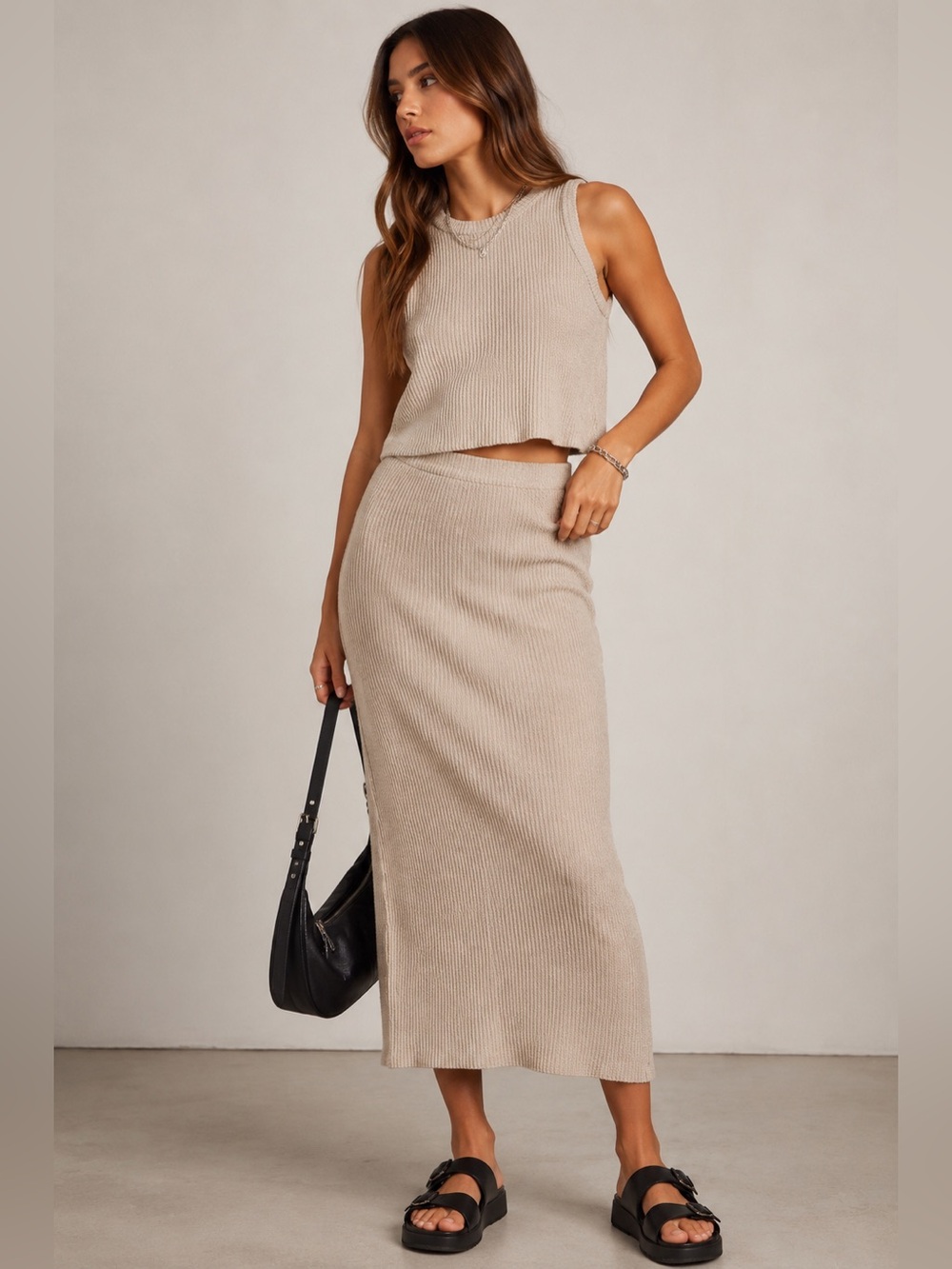 Saints Neutral Ribbed Knit Crop Top & Midi Skirt Set Large